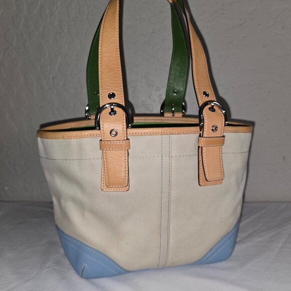 VTG COACH Hamptons Soho Daisy Cabriolet Canvas W/ Blue & Green Leather Tote 4428 - Picture 5 of 15